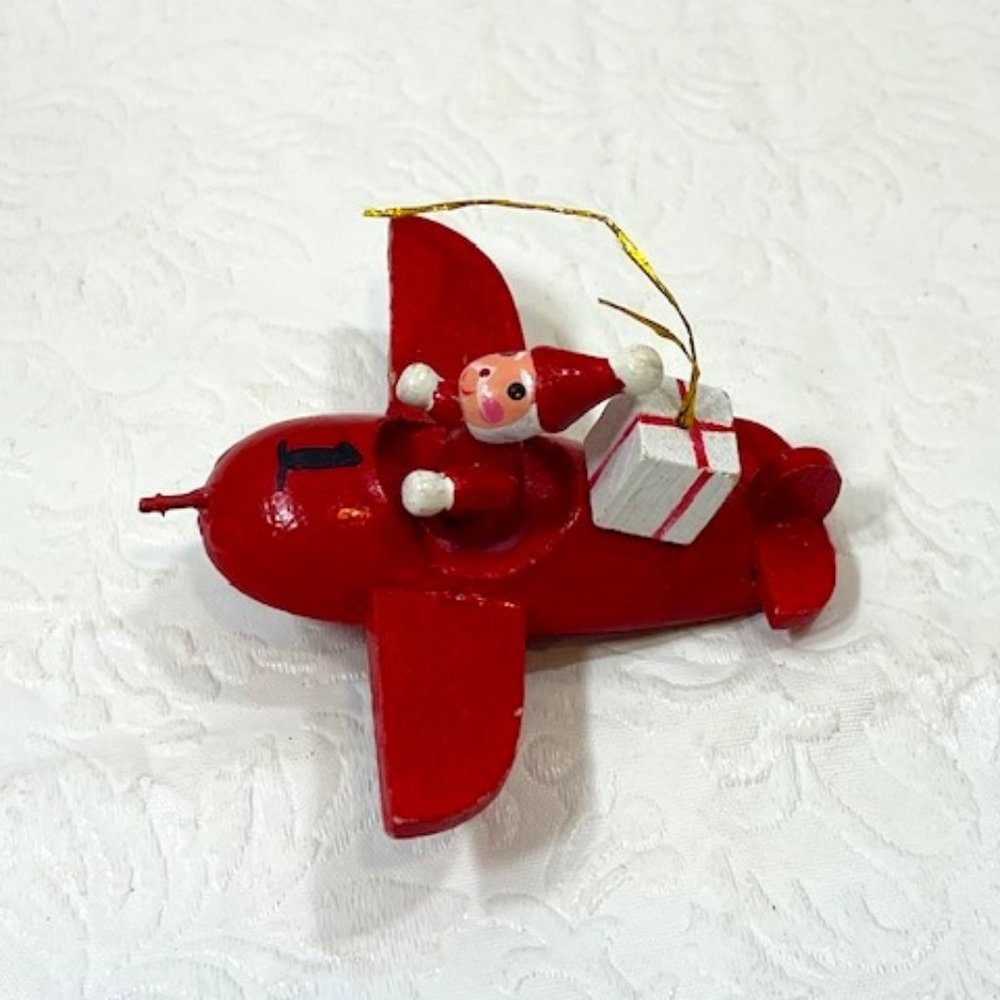 VTG Santa On Red Airplane w/Present Wood Christmas Holiday Ornament 3"x3.25"